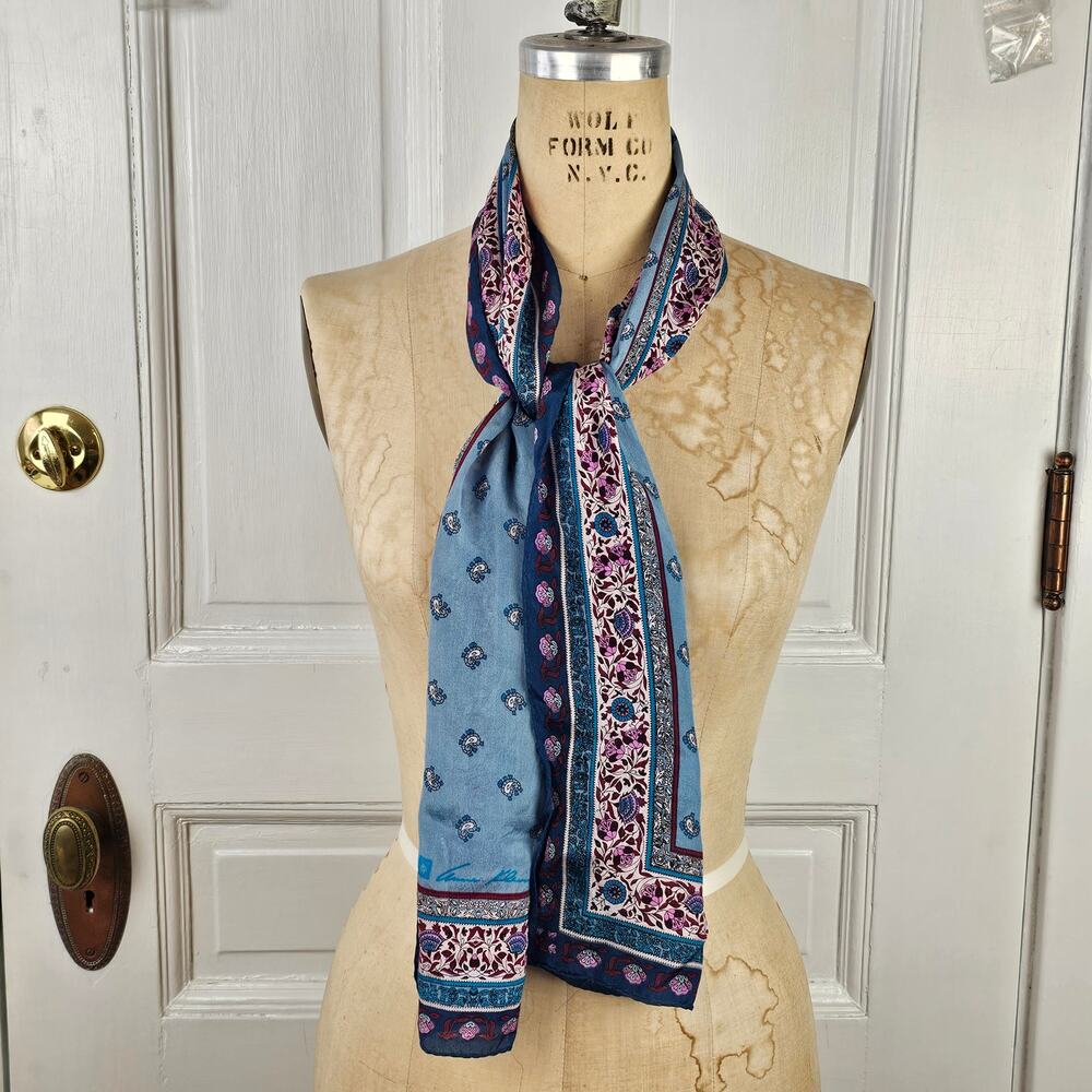 VTG 70s Anne Klein silk print blues floral paisley waist neck scarf boho cottage